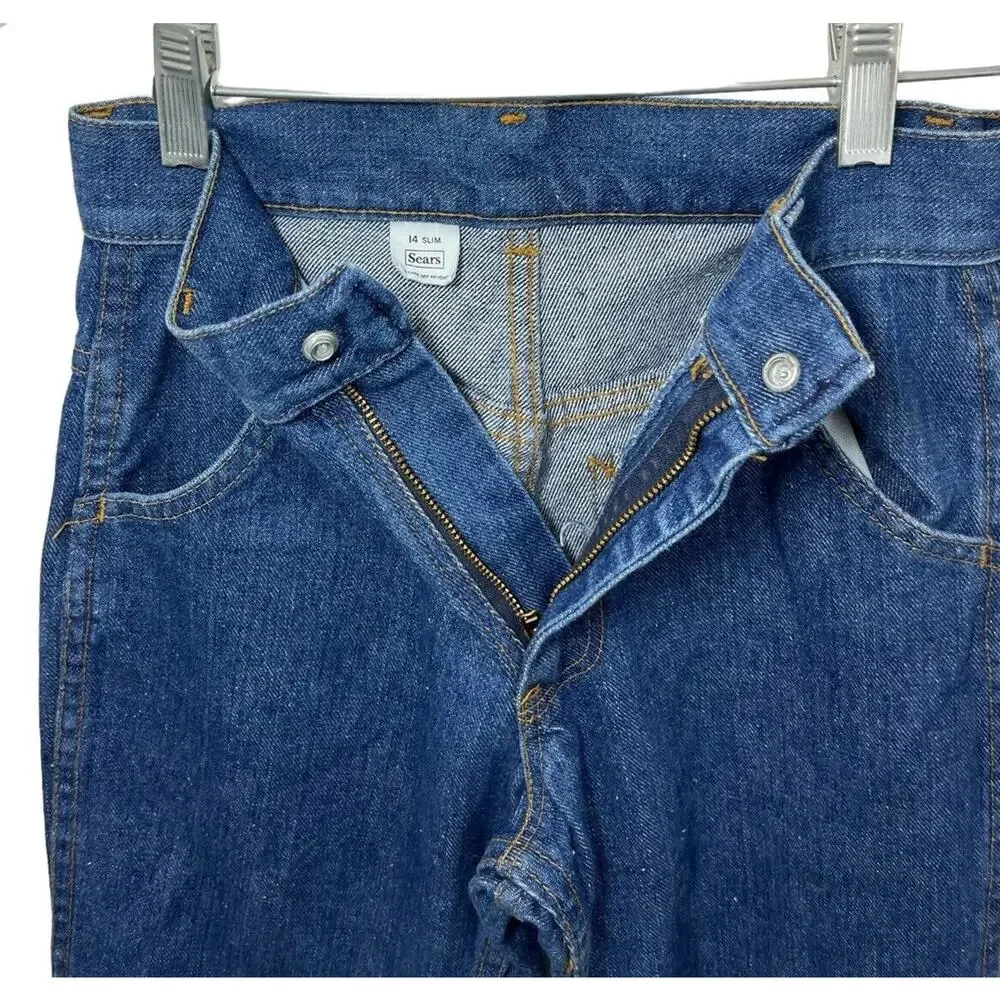 Vintage 70s Sears Denim Jeans Kids Size 14 Slim Blue Perma Prest Western Rodeo